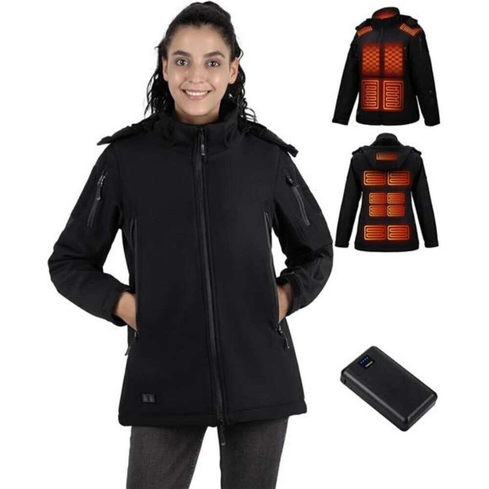 Heated Jacket for Women, Winter Outdoor Soft Shell Electric Heating Coat Hooded